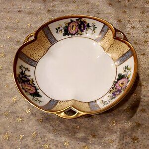 Noritake Nippon Hand Painted Tri- Handled Dish Bowl Floral & Gold Candy Dish 7"